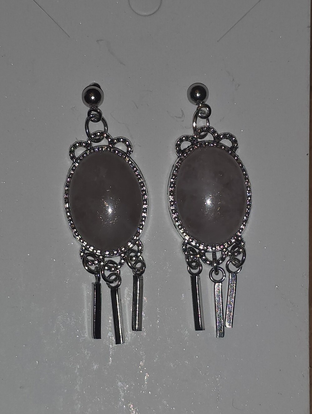 Rose Quartz Earrings In Silver Tone Frames W Stainless Steel Stud Prongs